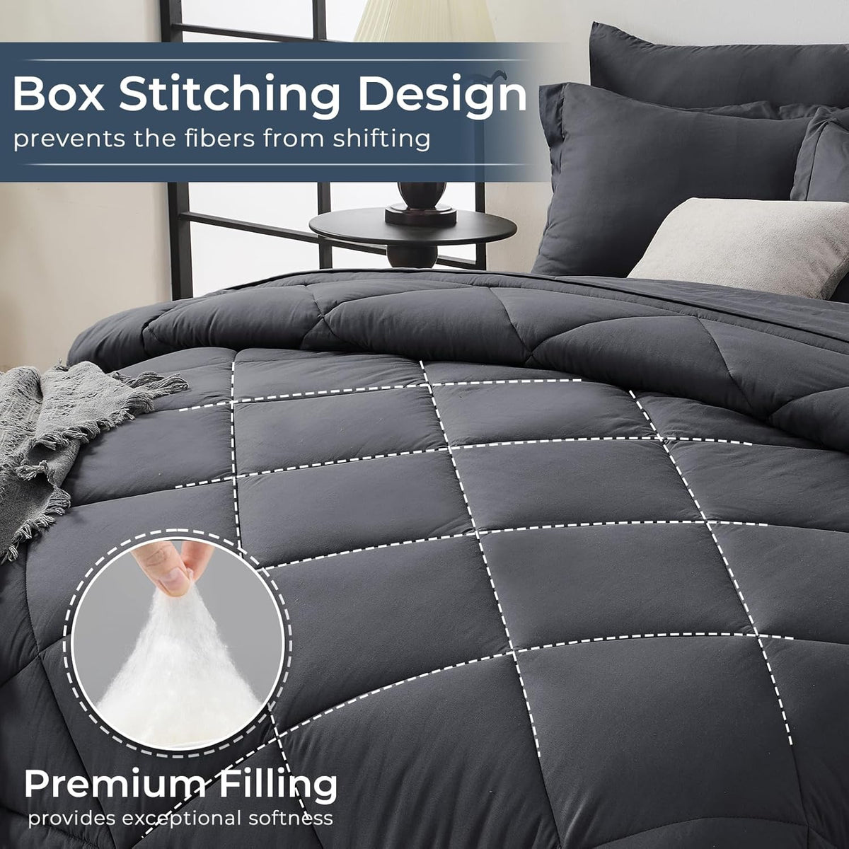 HEVUMYI 7-Piece Queen Comforter Set, Dark Grey Bed in a Bag