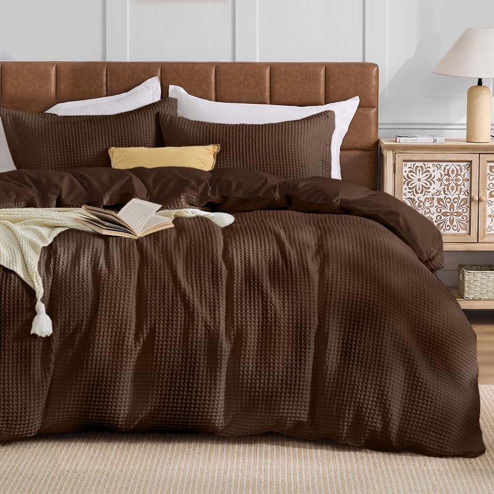 JOLLYVOGUE Waffle Wave Duvet Cover Set Queen Size, 3-Piece, Beige