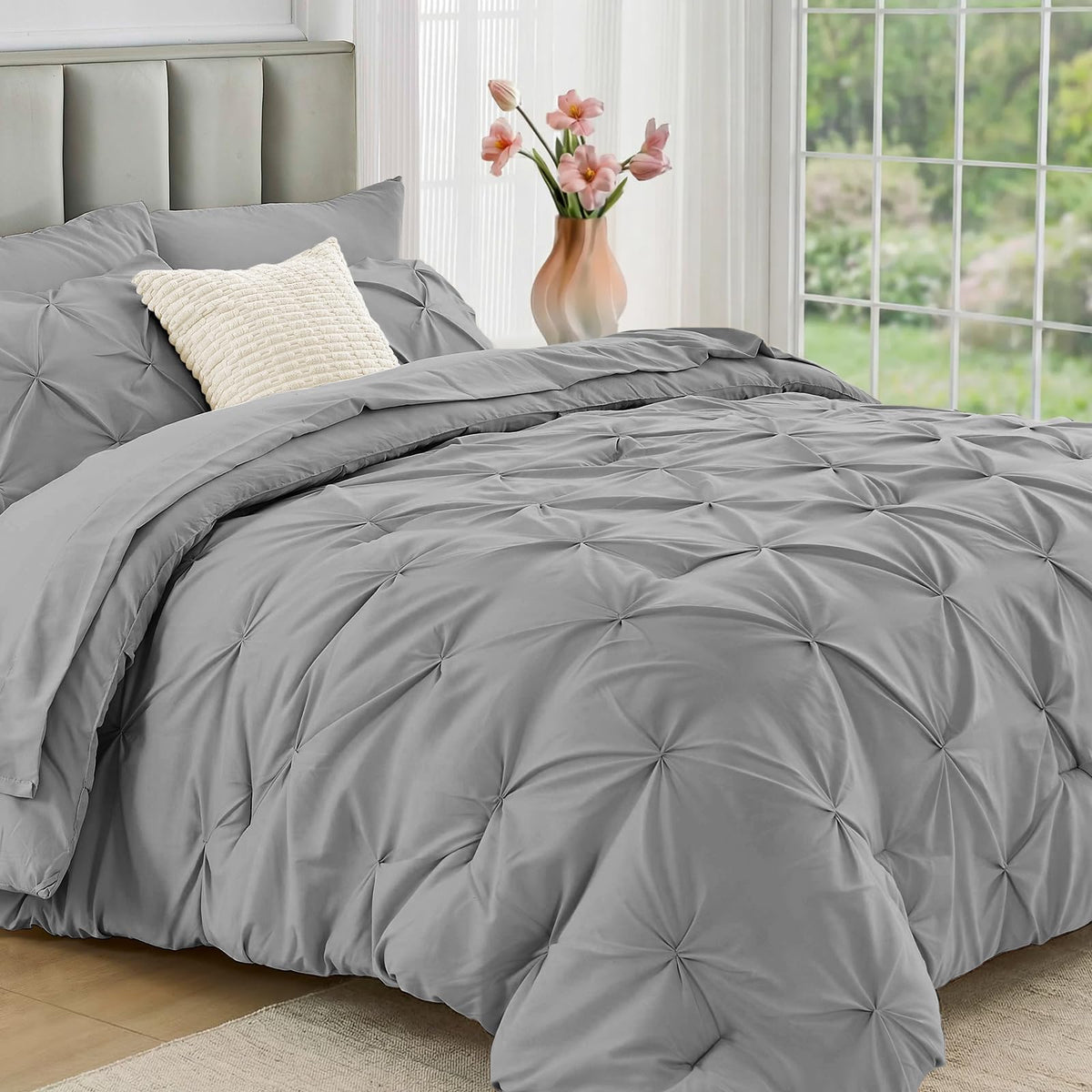 JOLLYVOGUE Twin Comforter Set 5 Pieces - Bed in a Bag Twin for All Season, Pintuck Bedding Comforter Sets with Comforter, Flat Sheet, Fitted Sheet and Pillowcases & Shams, Beige