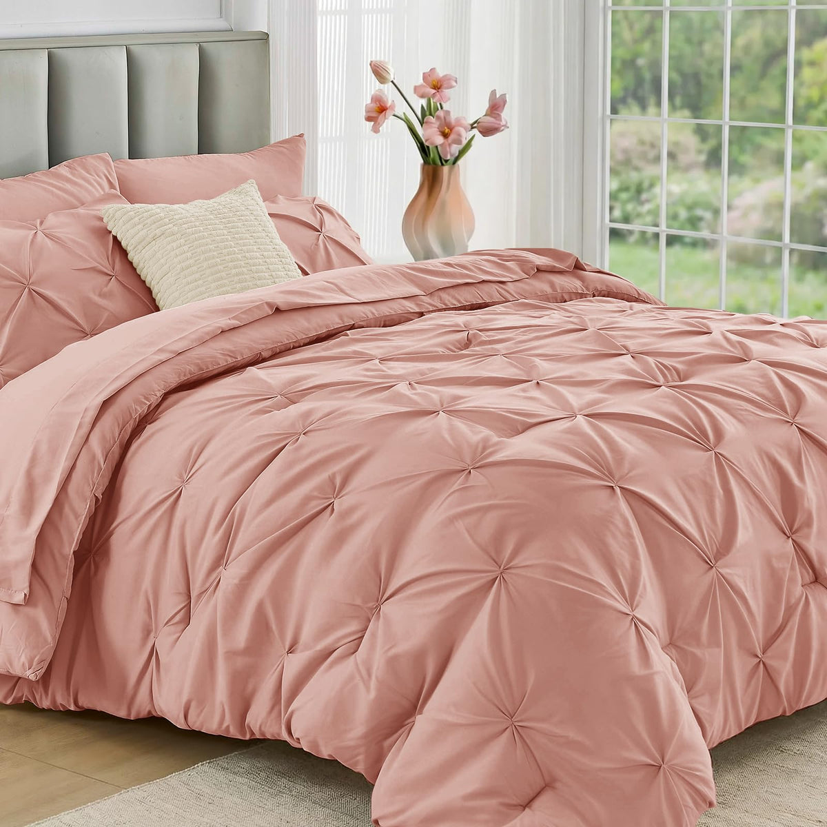 JOLLYVOGUE Twin Comforter Set 5 Pieces - Bed in a Bag Twin for All Season, Pintuck Bedding Comforter Sets with Comforter, Flat Sheet, Fitted Sheet and Pillowcases & Shams, Beige