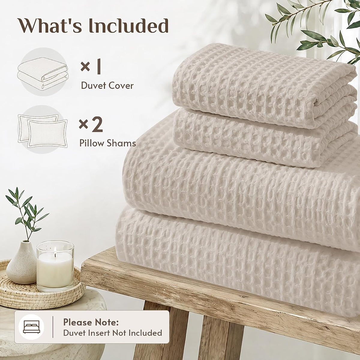 JOLLYVOGUE Waffle Wave Duvet Cover Set Queen Size, 3-Piece, Beige