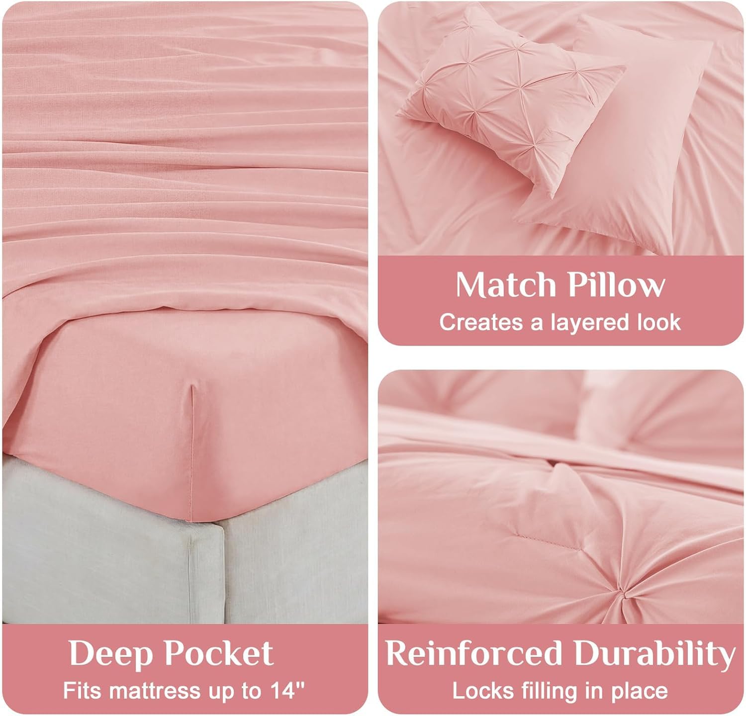 JOLLYVOGUE Queen Comforter Set 7 Pieces - Bed in a Bag Queen for All Season, Pintuck Bedding Comforter Sets with Comforter, Flat Sheet, Fitted Sheet and Pillowcases & Shams, Pink