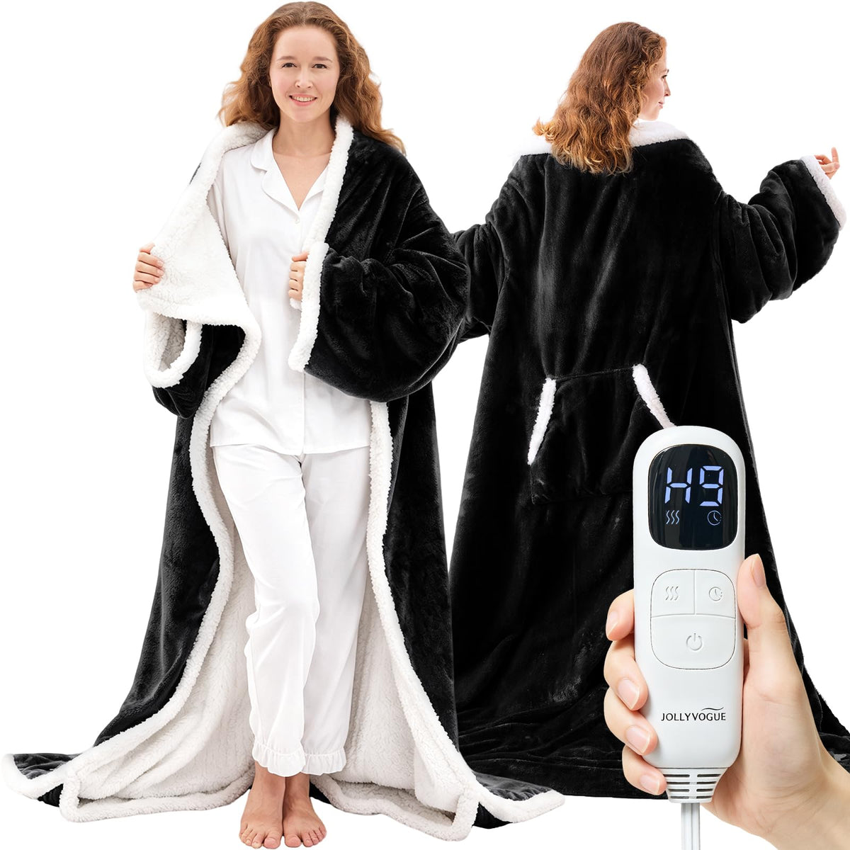 JOLLYVOGUE Wearable Heated Blanket - Heating Electric Blanket with Sleeves & Foot Pocket, Heated Throw for Adult, Birthday Gifts with 7 Heat Settings & Fixed 4h Auto Shut-Off (50 * 70 Inch, Blue)