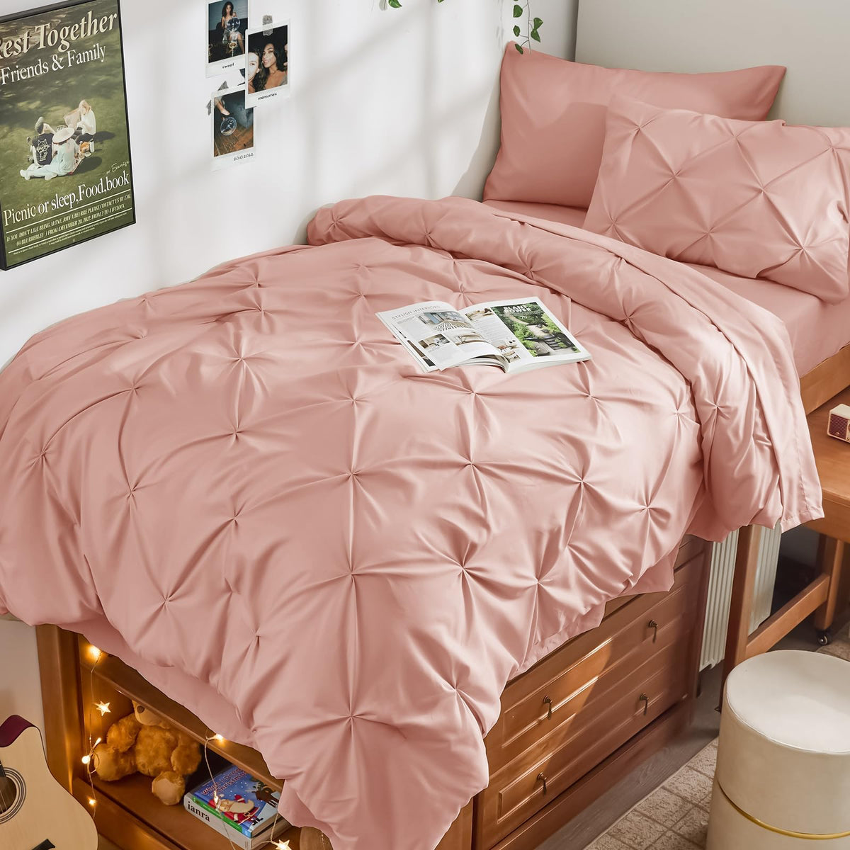 JOLLYVOGUE Twin Comforter Set 5 Pieces - Bed in a Bag Twin for All Season, Pintuck Bedding Comforter Sets with Comforter, Flat Sheet, Fitted Sheet and Pillowcases & Shams, Beige