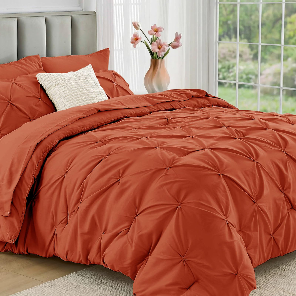 JOLLYVOGUE Twin Comforter Set 5 Pieces - Bed in a Bag Twin for All Season, Pintuck Bedding Comforter Sets with Comforter, Flat Sheet, Fitted Sheet and Pillowcases & Shams, Beige