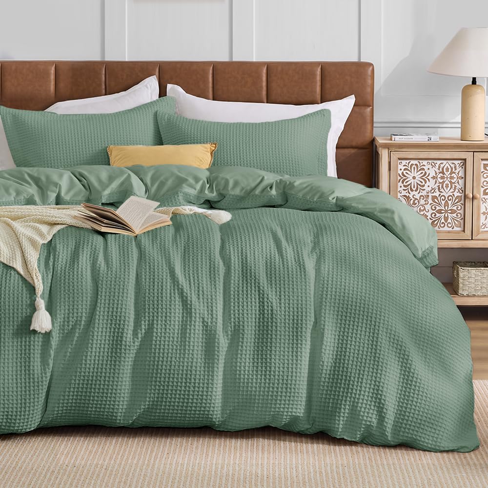 JOLLYVOGUE Waffle Wave Duvet Cover Set Queen Size, 3-Piece, Beige