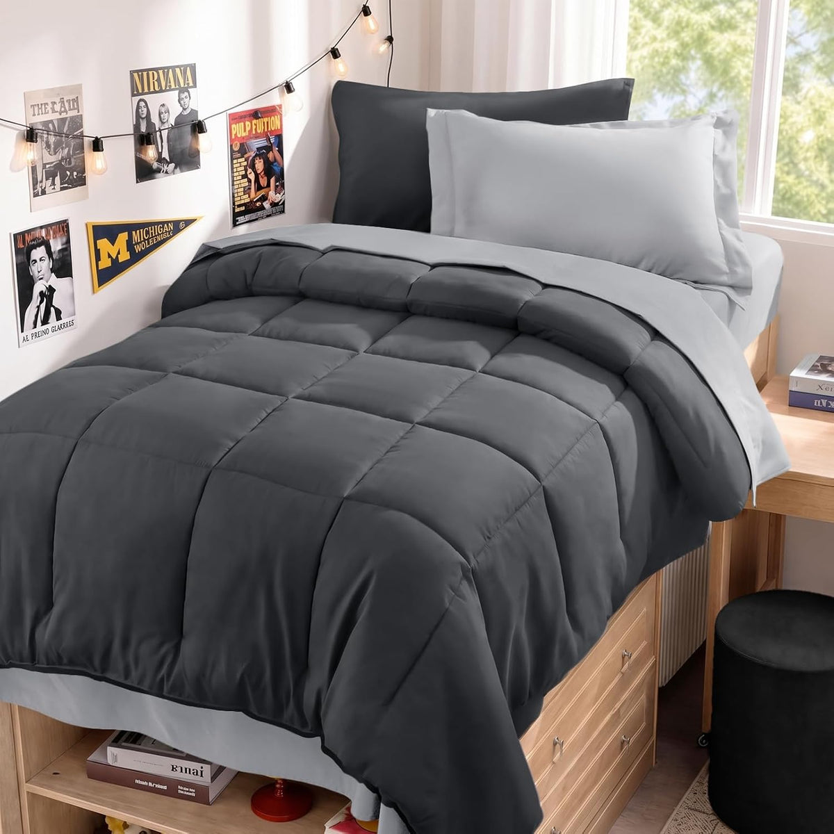 JOLLYVOGUE Twin Comforter Set, Ultra-Soft Bed in a Bag Twin Size 5 Pieces, Oeko-TEX Certified Bedding Set with Down Alternative Comforter, Sheets, Pillowcases & Shams, Dark & Light Grey