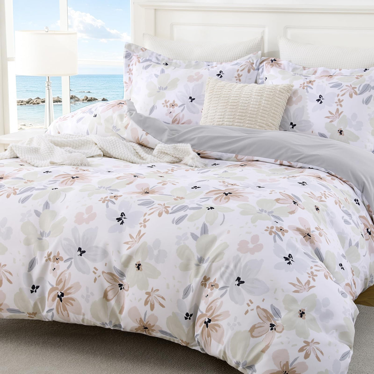 JOLLYVOGUE Floral Duvet Cover Full, 3Pcs Reversible Beige Duvet Cover Set