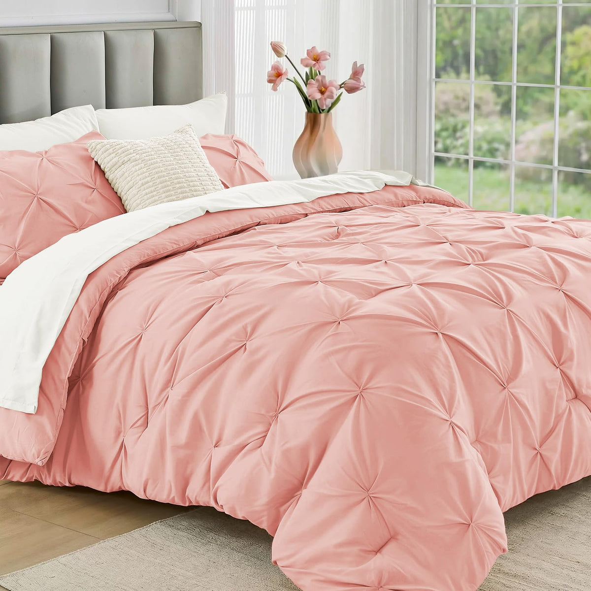 JOLLYVOGUE Twin Comforter Set 5 Pieces - Bed in a Bag Twin for All Season, Pintuck Bedding Comforter Sets with Comforter, Flat Sheet, Fitted Sheet and Pillowcases & Shams, Beige