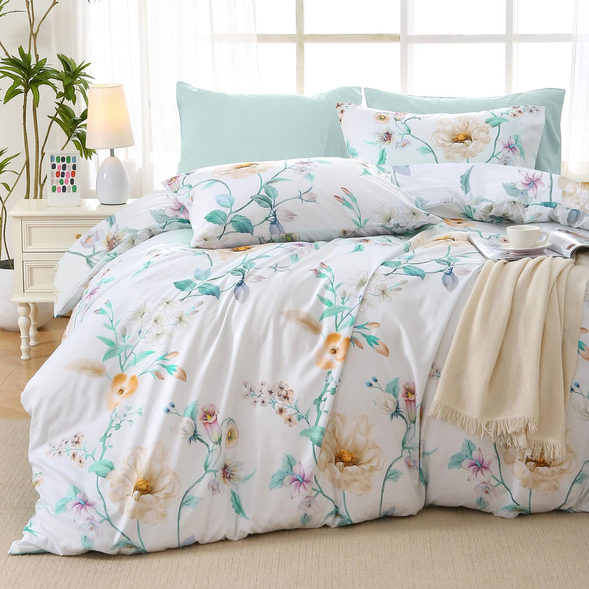 MUXHOMO Sage Green TwinXL Comforter Set, Elegant Floral Print Bed in a Bag 5 Pieces, Ultra Soft & Breathable Reversible Botanical Pattern Bedding Set with Comforter, Sheets, Pillowcase, and Sham