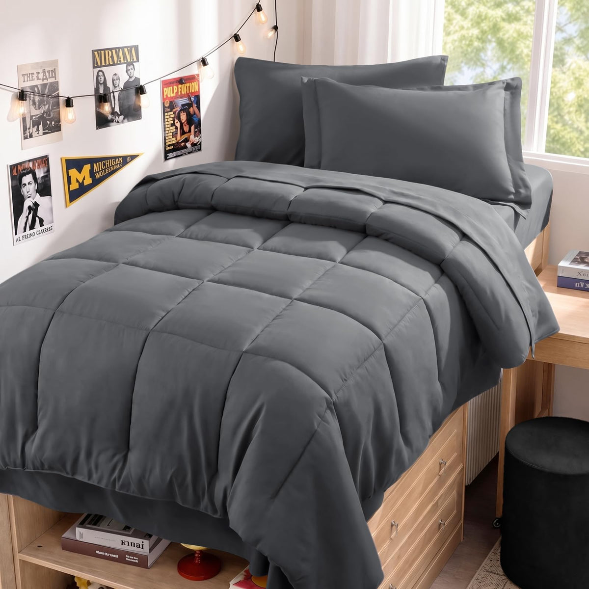 JOLLYVOGUE Twin Comforter Set, Ultra-Soft Bed in a Bag Twin Size 5 Pieces, Oeko-TEX Certified Bedding Set with Down Alternative Comforter, Sheets, Pillowcases & Shams, Dark & Light Grey