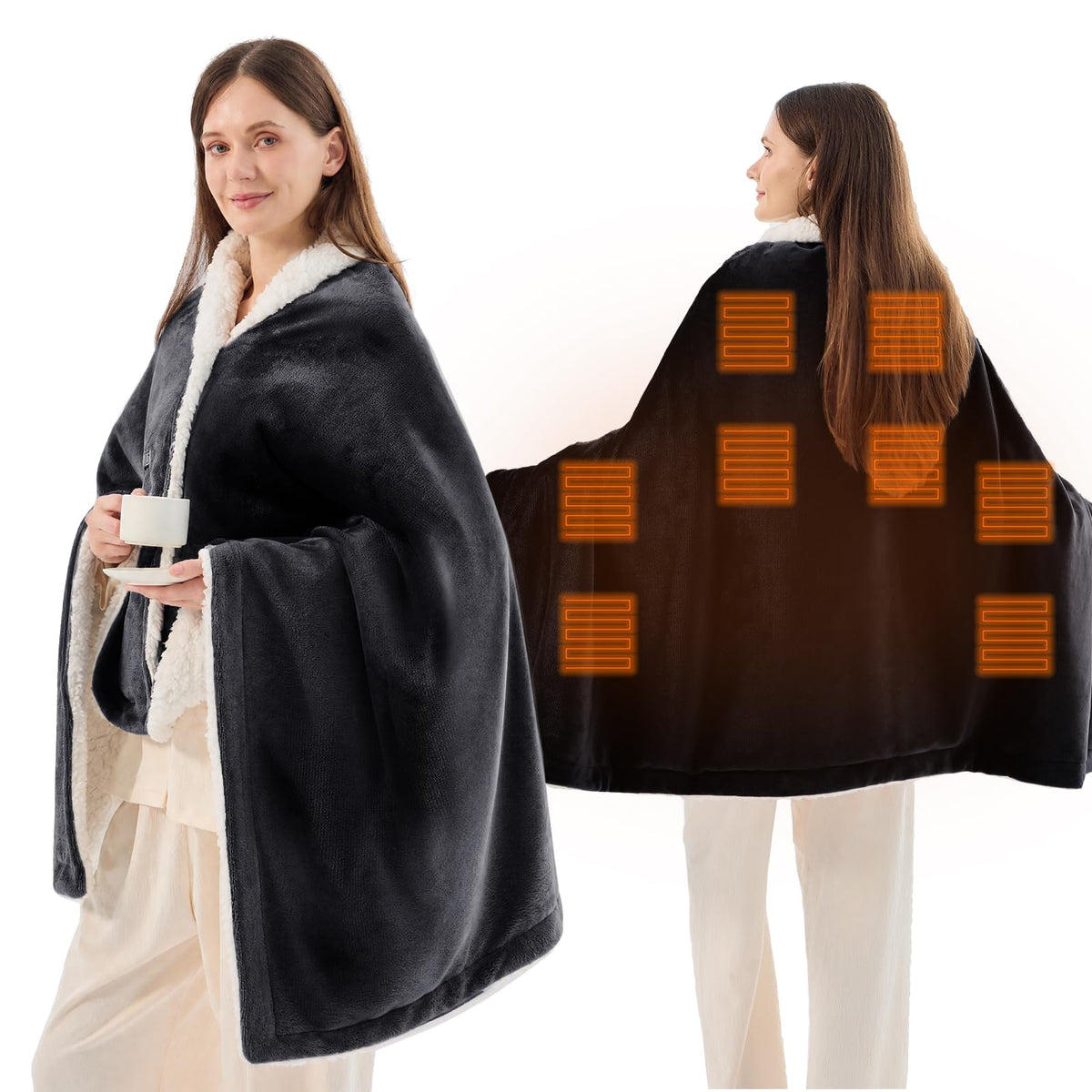 JOLLYVOGUE USB Heated Wearable Blanket with Snaps, 35 x 63 Inch, Black