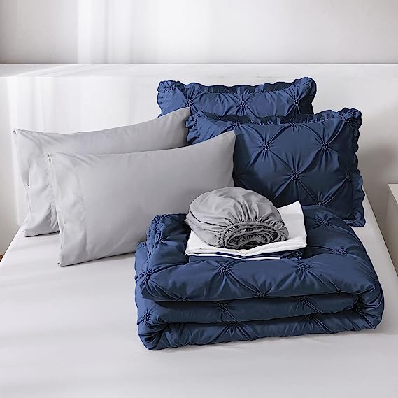 JOLLYVOGUE Comforter Set, Pintuck Navy Blue Bed in a Bag Comforter Set for Bedroom, Bedding Comforter Sets with Comforter, Sheets, Bed Skirt, Ruffled Shams & Pillowcases