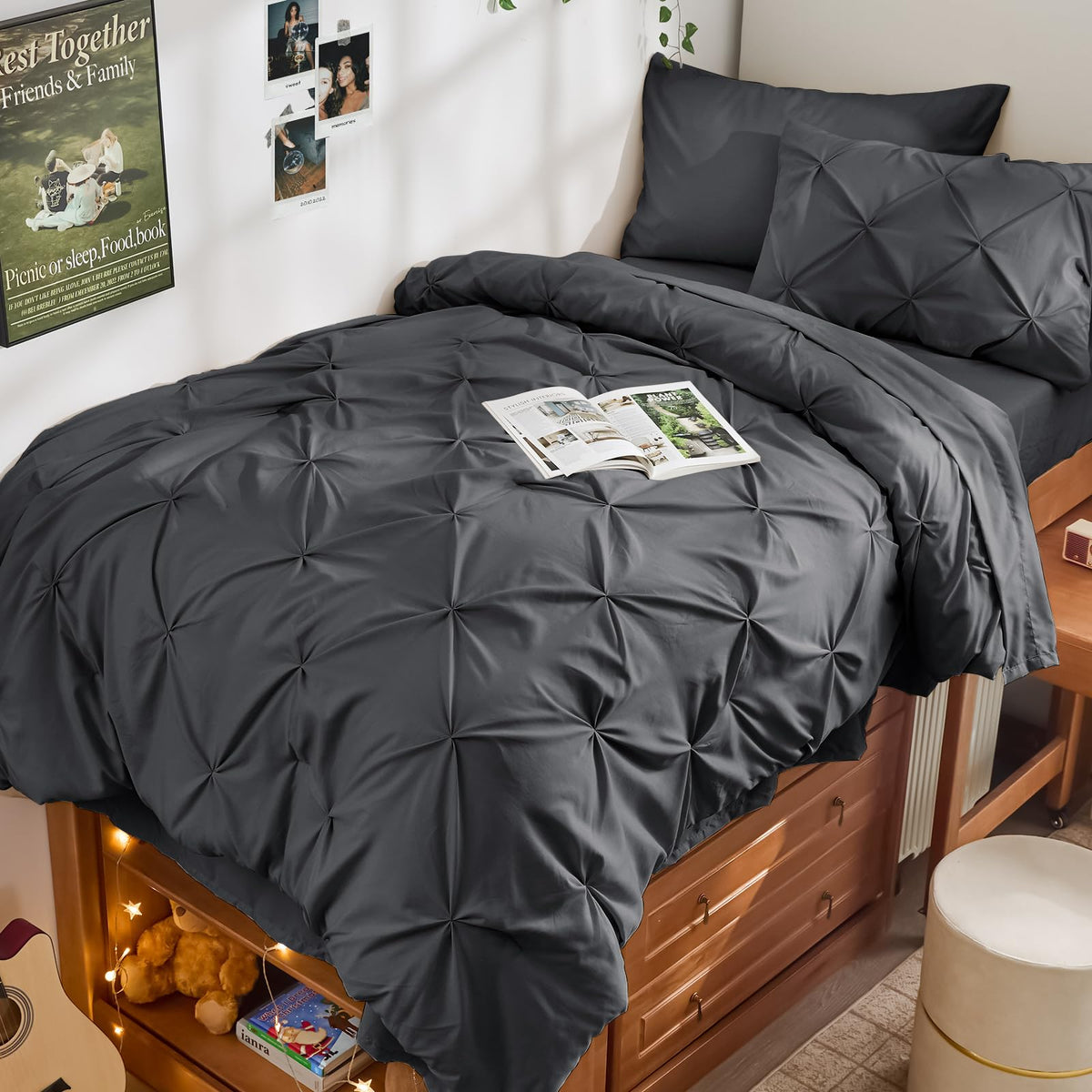 JOLLYVOGUE Twin Comforter Set 5 Pieces - Bed in a Bag Twin for All Season, Pintuck Bedding Comforter Sets with Comforter, Flat Sheet, Fitted Sheet and Pillowcases & Shams, Beige