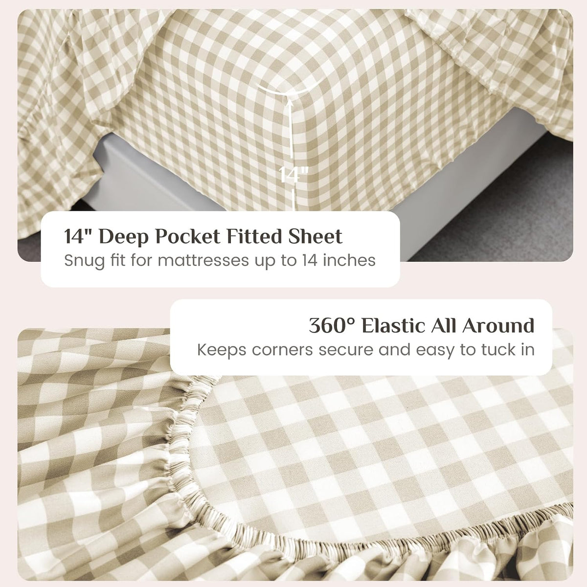 JOLLYVOGUE Beige Gingham Sheet Set Full, 4-Piece Ruffle Bedding