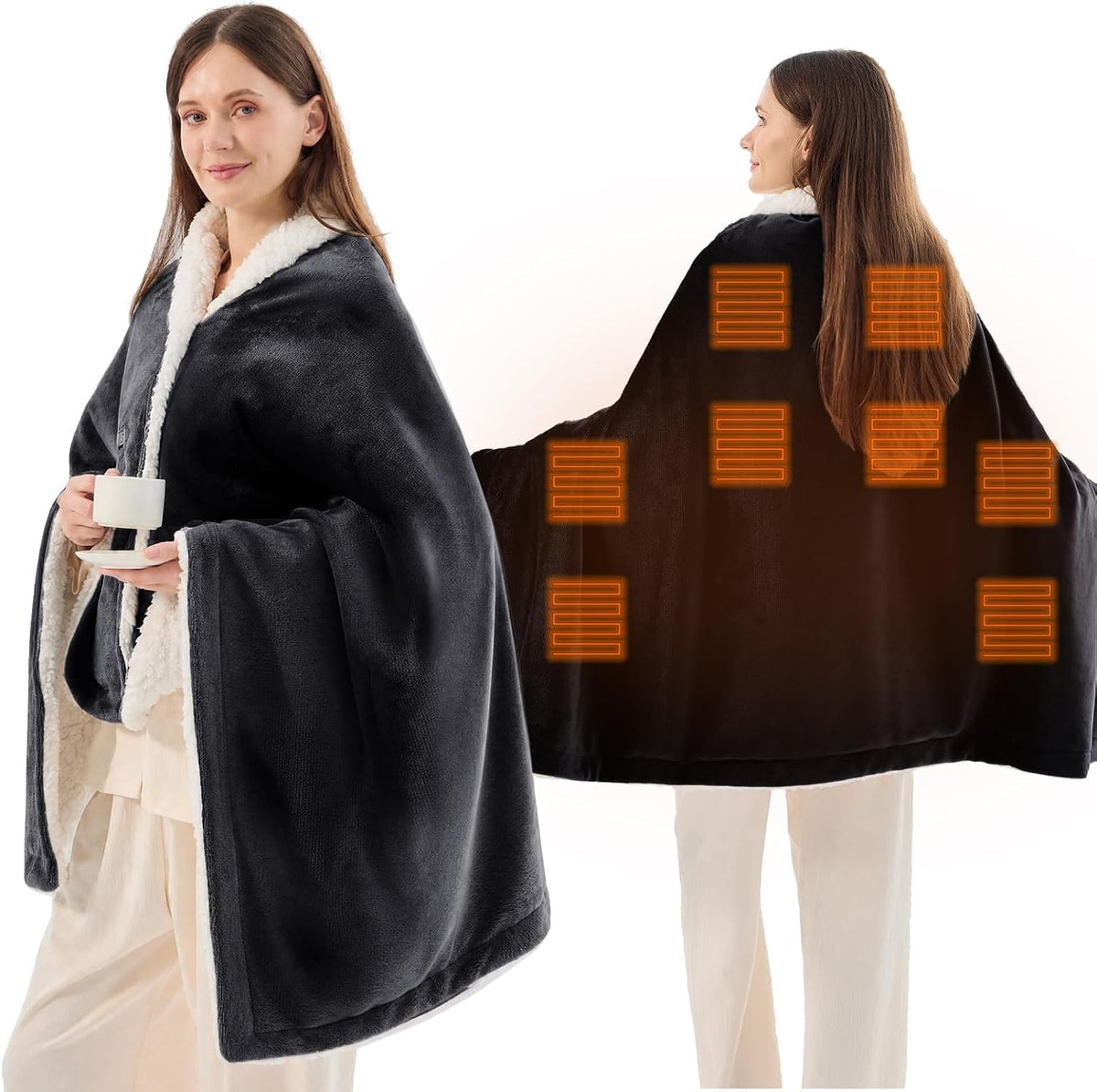 JOLLYVOGUE USB Heated Wearable Blanket with Snaps, 35 x 63 Inch, Black
