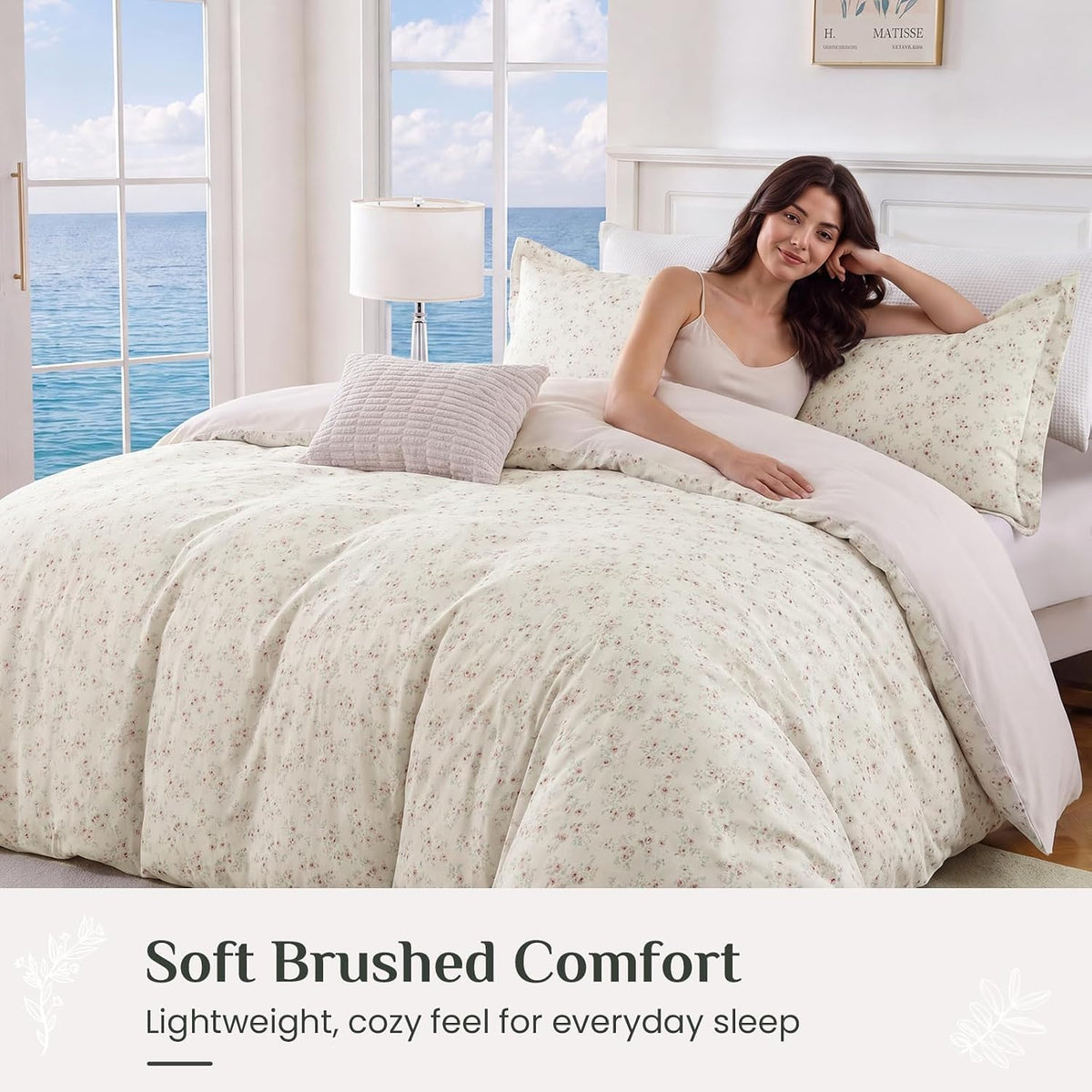 JOLLYVOGUE Floral Duvet Cover Full, 3Pcs Reversible Beige Duvet Cover Set