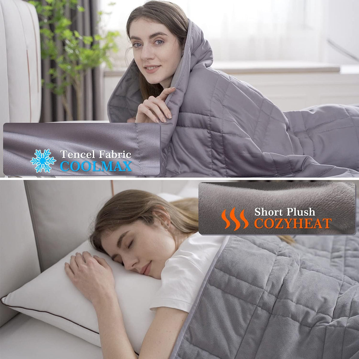 Reversible Weighted Blanket 48''x72'' 15lbs for Adults, Warm Short Plush and Cool Tencel Fabric Double-Sided Weighted Blanket for All Season Use - Carry Bag Included