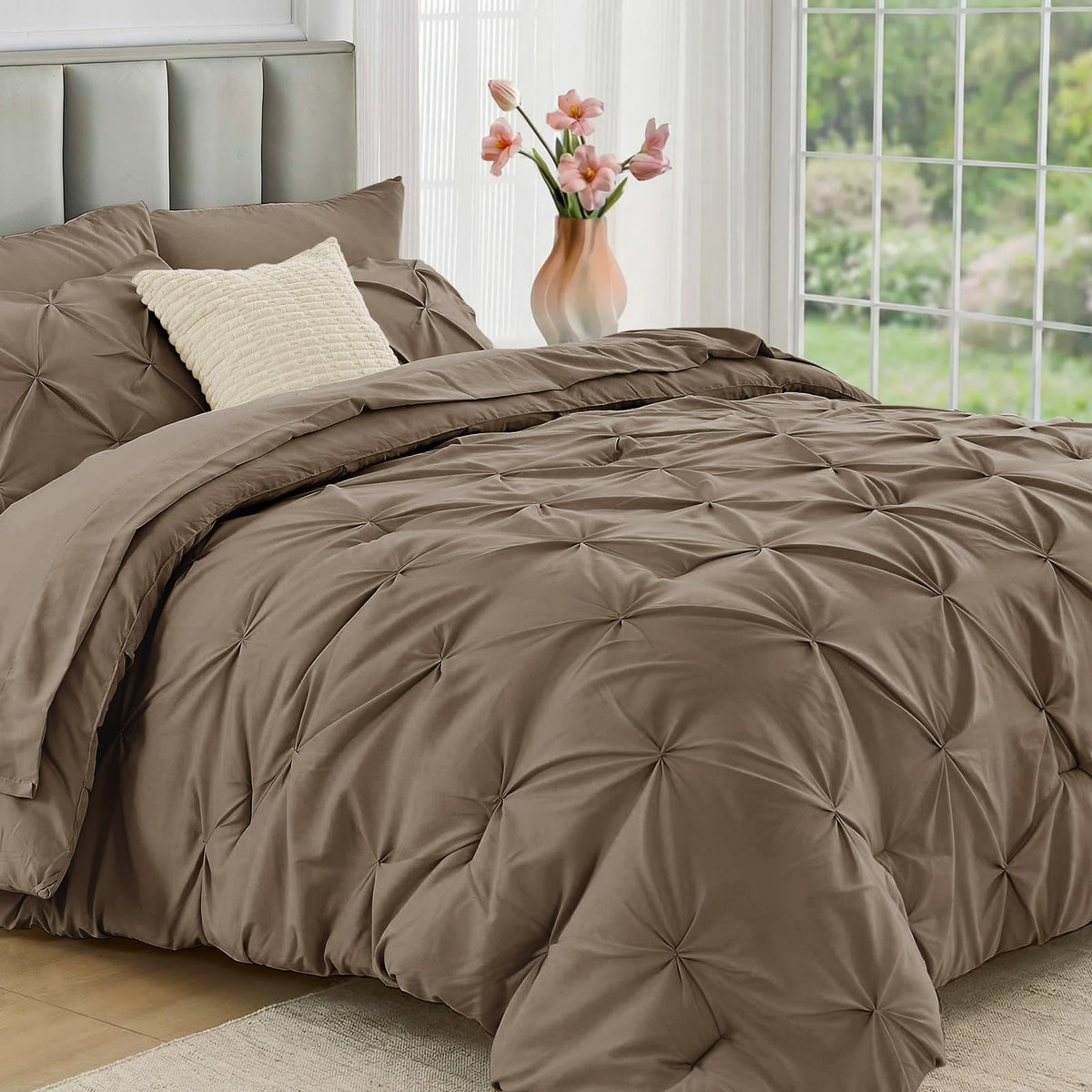 JOLLYVOGUE Twin Comforter Set 5 Pieces - Bed in a Bag Twin for All Season, Pintuck Bedding Comforter Sets with Comforter, Flat Sheet, Fitted Sheet and Pillowcases & Shams, Beige