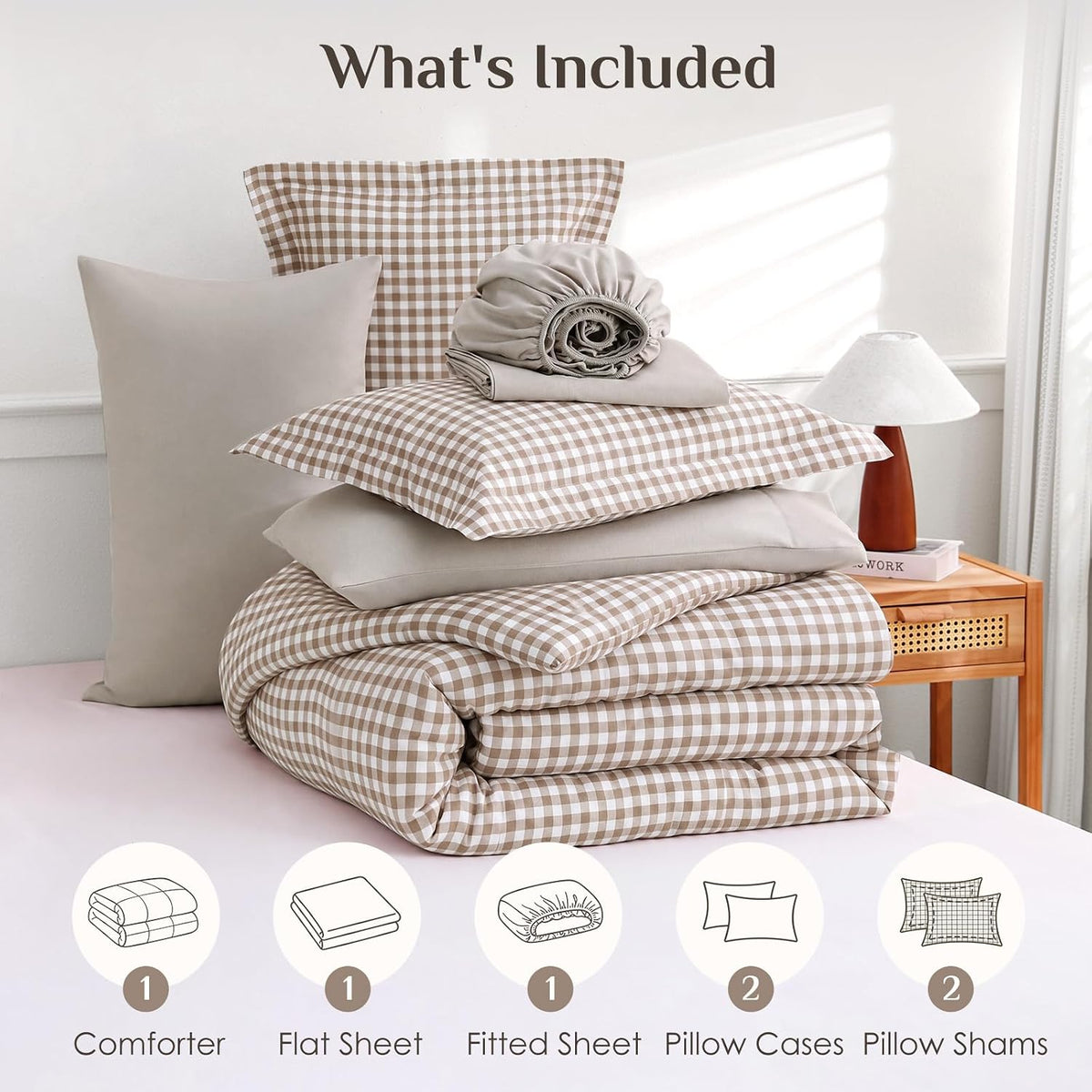 JOLLYVOGUE Brown Queen Comforter Set, 7 Pieces Gingham Bed in a Bag