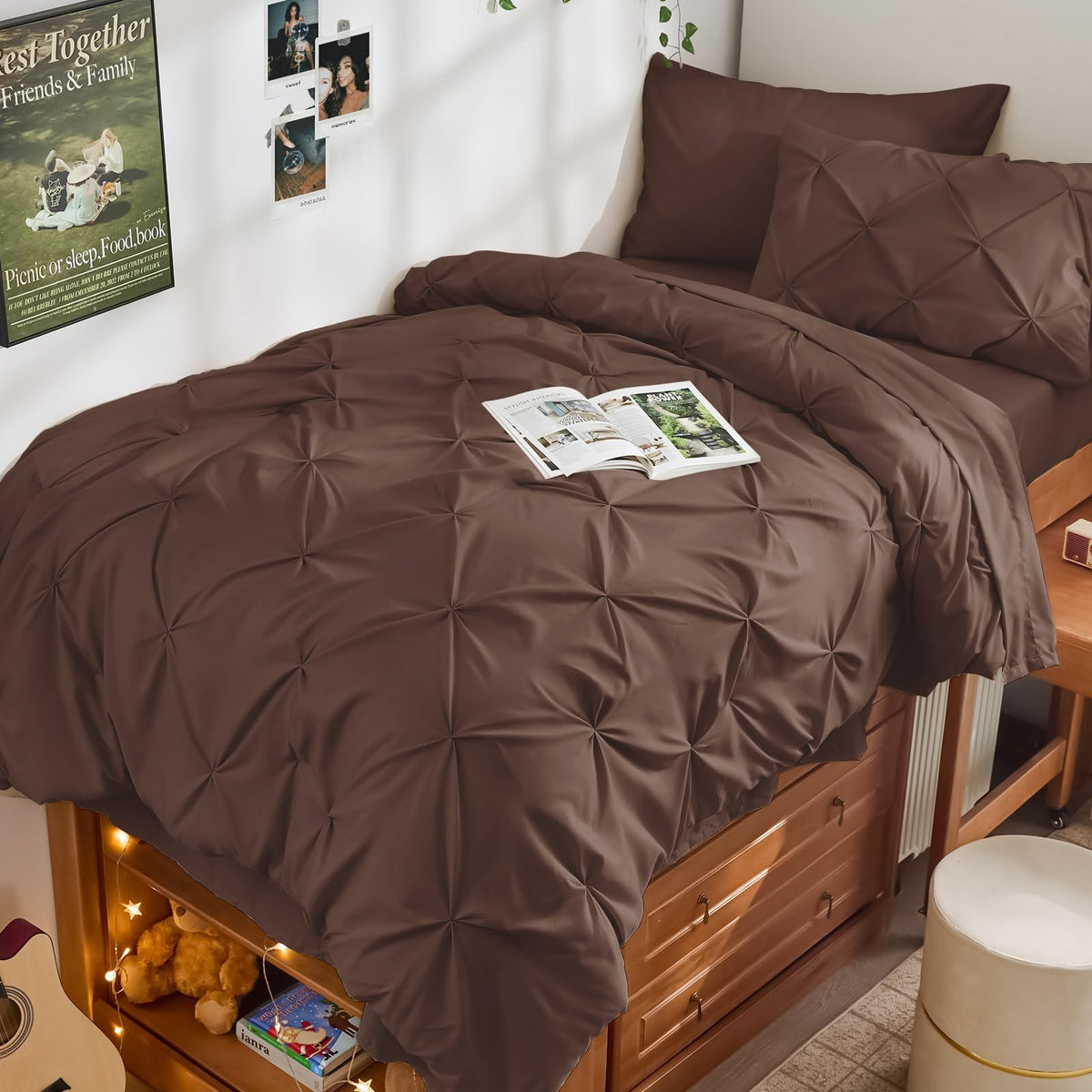 JOLLYVOGUE Twin Comforter Set 5 Pieces - Bed in a Bag Twin for All Season, Pintuck Bedding Comforter Sets with Comforter, Flat Sheet, Fitted Sheet and Pillowcases & Shams, Beige