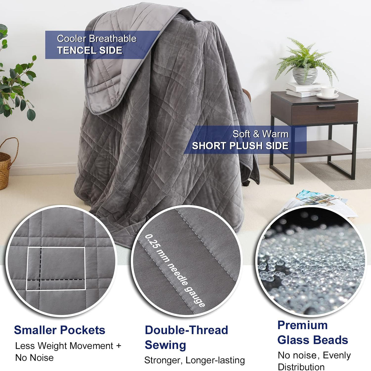 Reversible Weighted Blanket 48''x72'' 15lbs for Adults, Warm Short Plush and Cool Tencel Fabric Double-Sided Weighted Blanket for All Season Use - Carry Bag Included