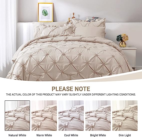 JOLLYVOGUE Comforter Set, Pintuck Beige Bed in a Bag Comforter Set for Bedroom, Bedding Comforter Sets with Comforter, Sheets, Bed Skirt, Ruffled Shams & Pillowcases