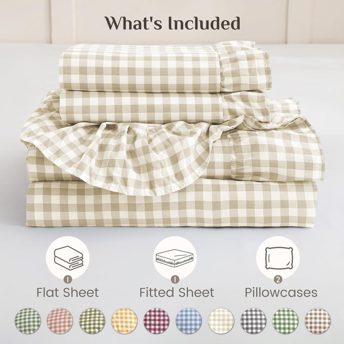 JOLLYVOGUE Beige Gingham Sheet Set Full, 4-Piece Ruffle Bedding