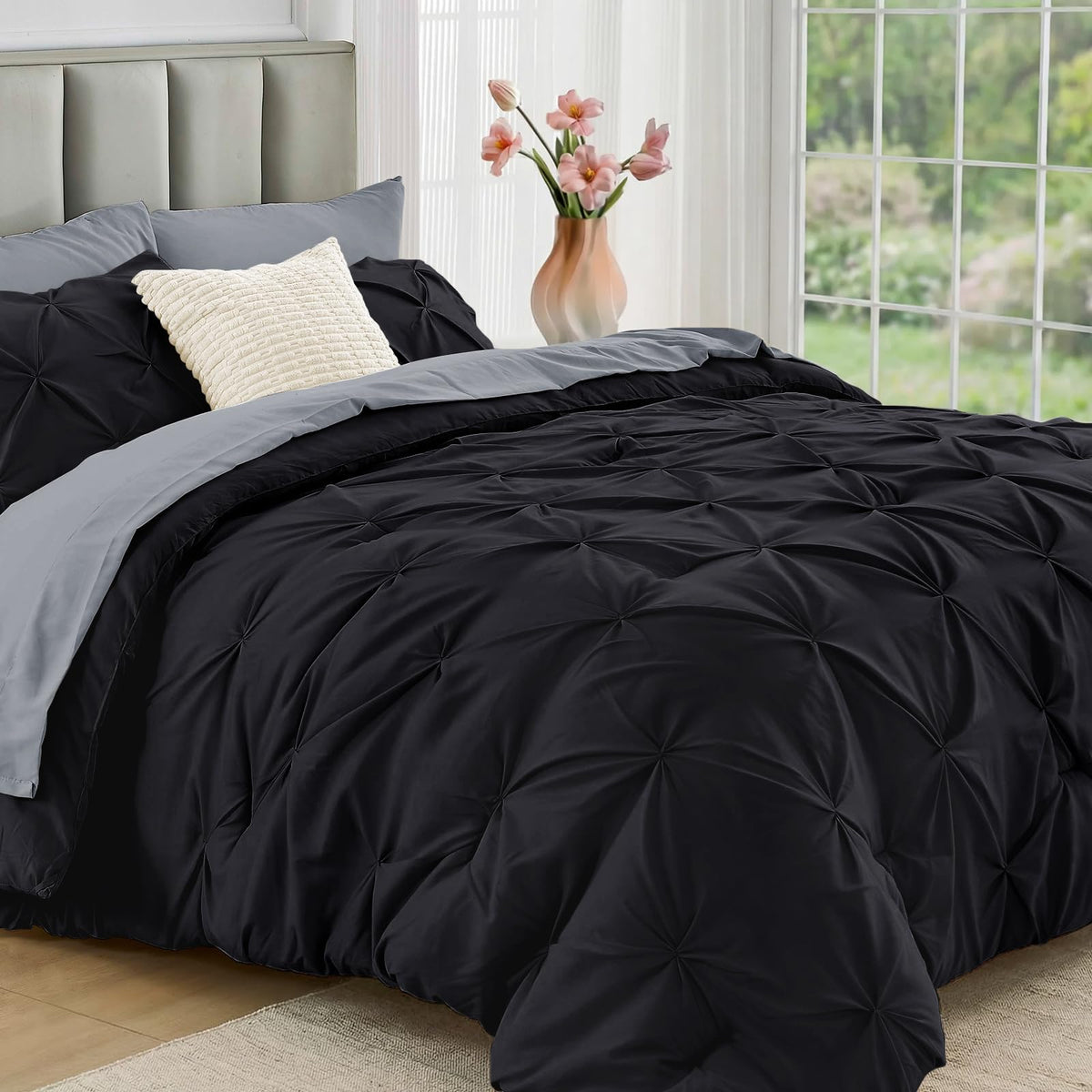 JOLLYVOGUE Twin Comforter Set 5 Pieces - Bed in a Bag Twin for All Season, Pintuck Bedding Comforter Sets with Comforter, Flat Sheet, Fitted Sheet and Pillowcases & Shams, Beige