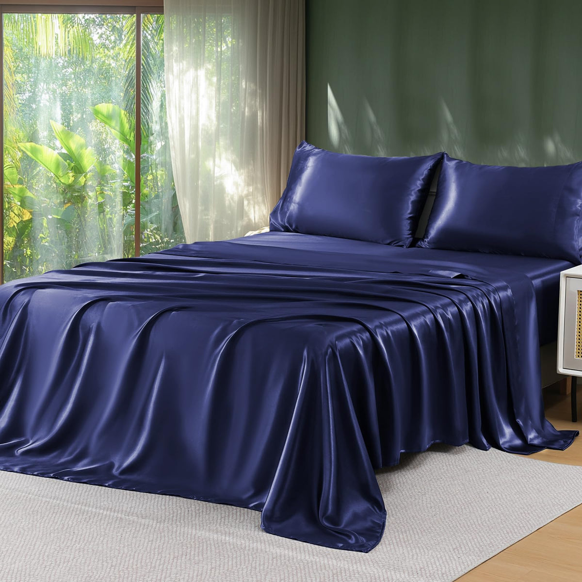 Sasttie Satin Sheets Black Queen Size - 4 Pieces Luxury Soft Black Silky Bed Sheets Set with Pillowcases - Smooth Silk-Like Satin Fwabric, Reinforced 14 Inches Pocket, Oeko-Tex Certified