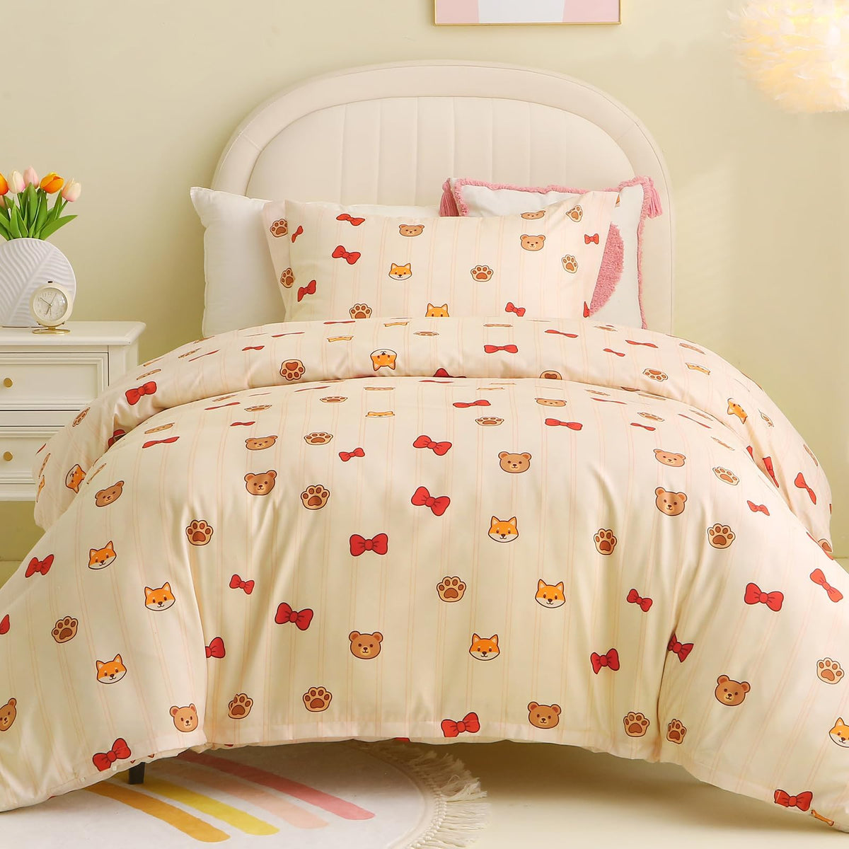 JOLLYVOGUE Kids Duvet Cover Set Twin/Twin XL, Pink Bowknot, 2-Piece