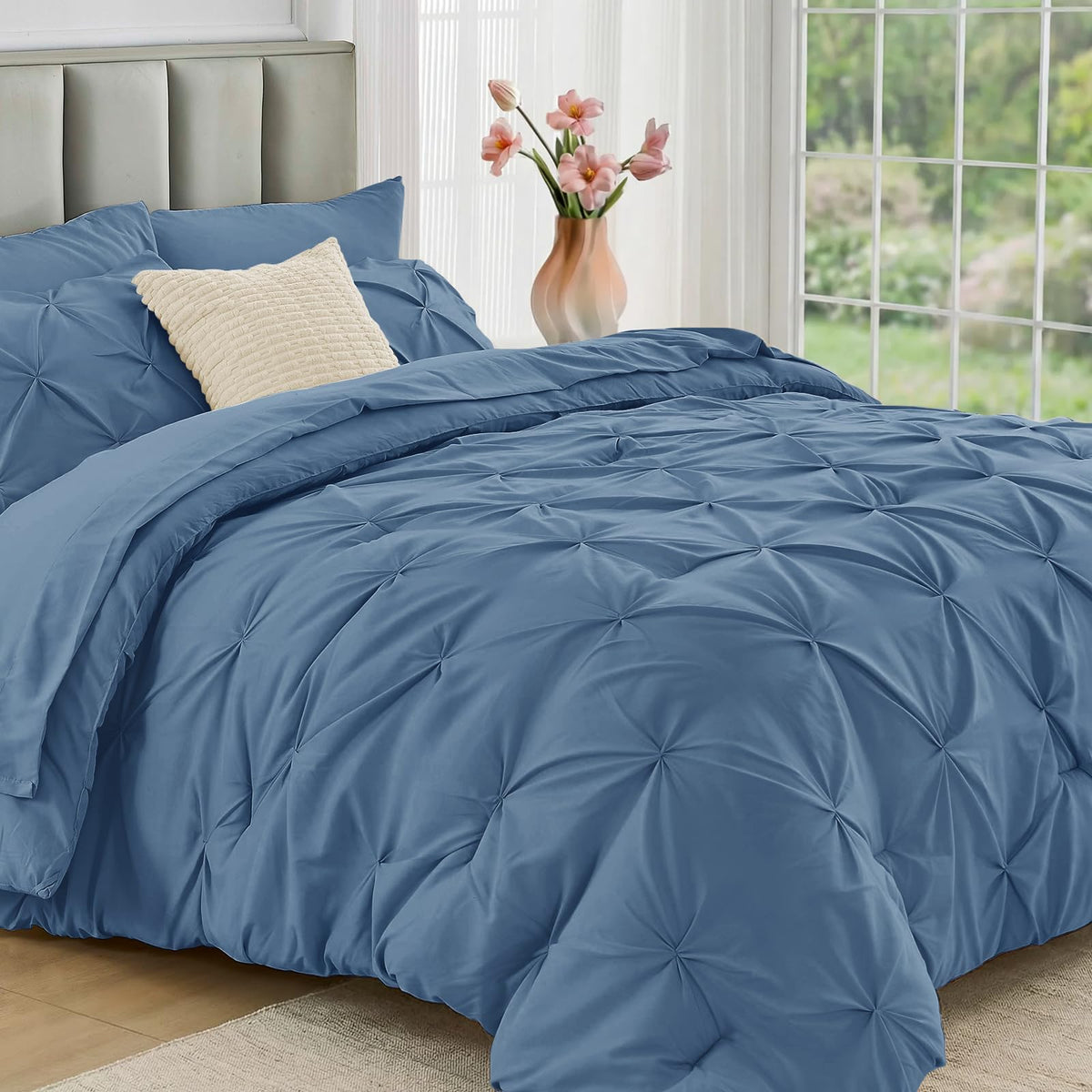 JOLLYVOGUE Twin Comforter Set 5 Pieces - Bed in a Bag Twin for All Season, Pintuck Bedding Comforter Sets with Comforter, Flat Sheet, Fitted Sheet and Pillowcases & Shams, Beige