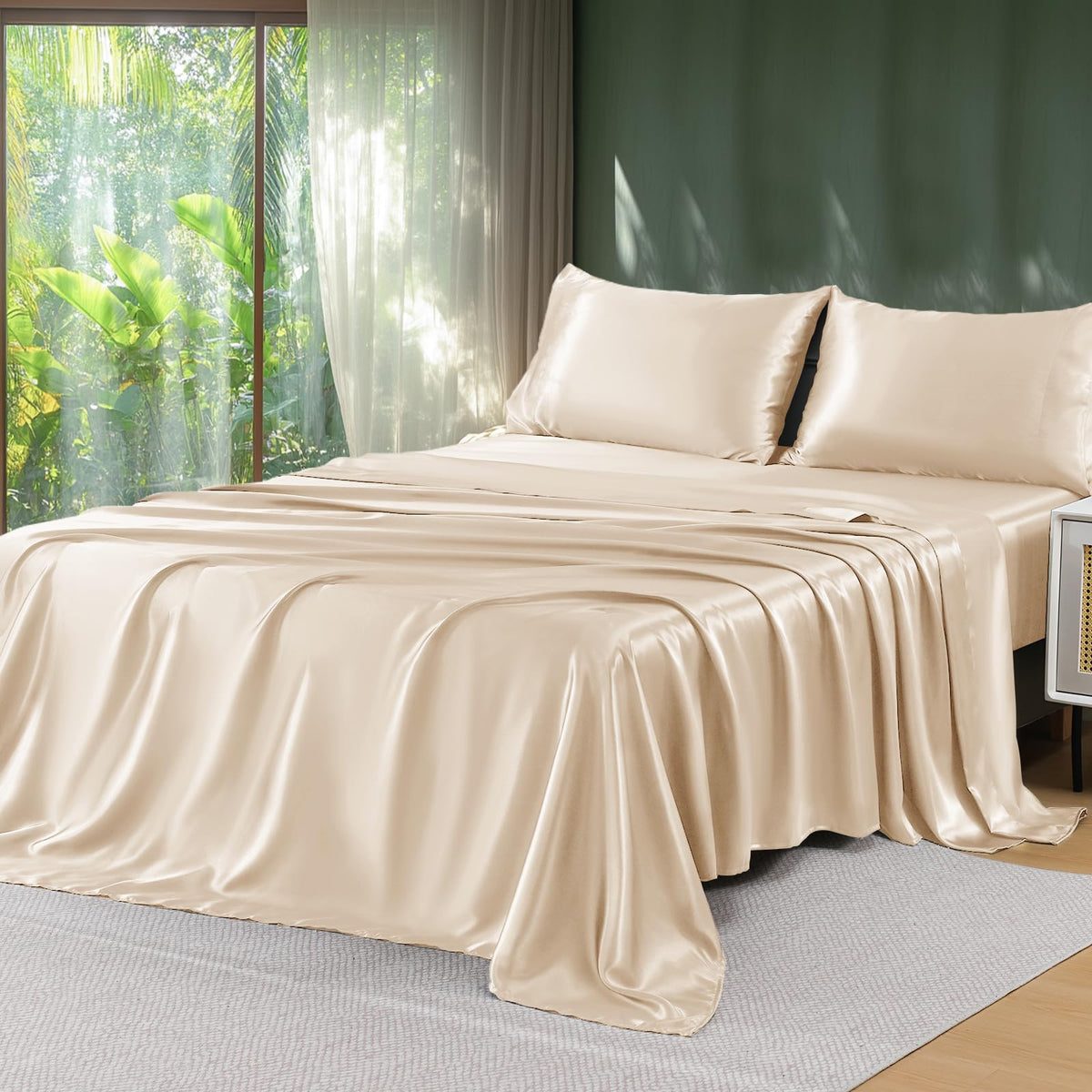 Sasttie Satin Sheets Black Queen Size - 4 Pieces Luxury Soft Black Silky Bed Sheets Set with Pillowcases - Smooth Silk-Like Satin Fwabric, Reinforced 14 Inches Pocket, Oeko-Tex Certified