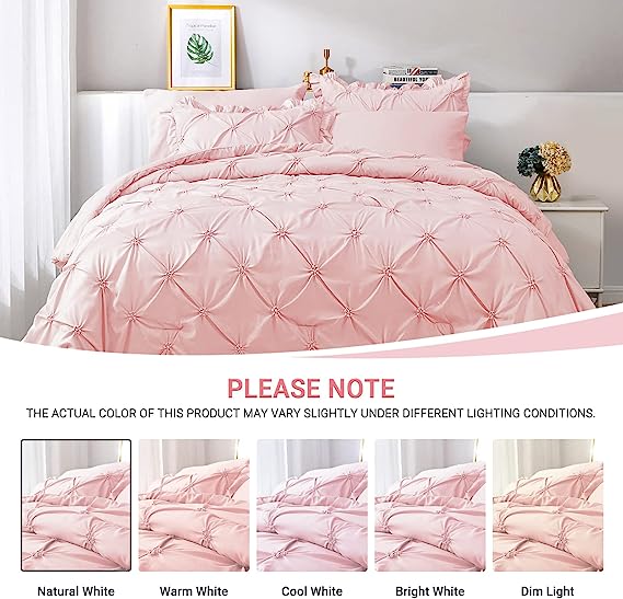 JOLLYVOGUE Comforter Set, Pintuck Pink Bed in a Bag Comforter Set for Bedroom, Bedding Comforter Sets with Comforter, Sheets, Bed Skirt, Ruffled Shams & Pillowcases
