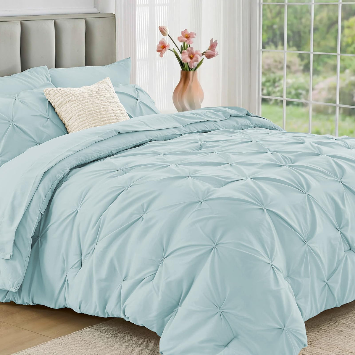JOLLYVOGUE Twin Comforter Set 5 Pieces - Bed in a Bag Twin for All Season, Pintuck Bedding Comforter Sets with Comforter, Flat Sheet, Fitted Sheet and Pillowcases & Shams, Beige