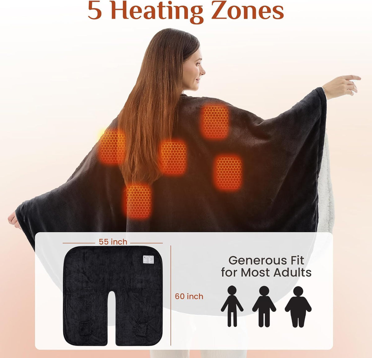JOLLYVOGUE USB Heated Wearable Blanket Shawl, 55 x 60 Inch, Black