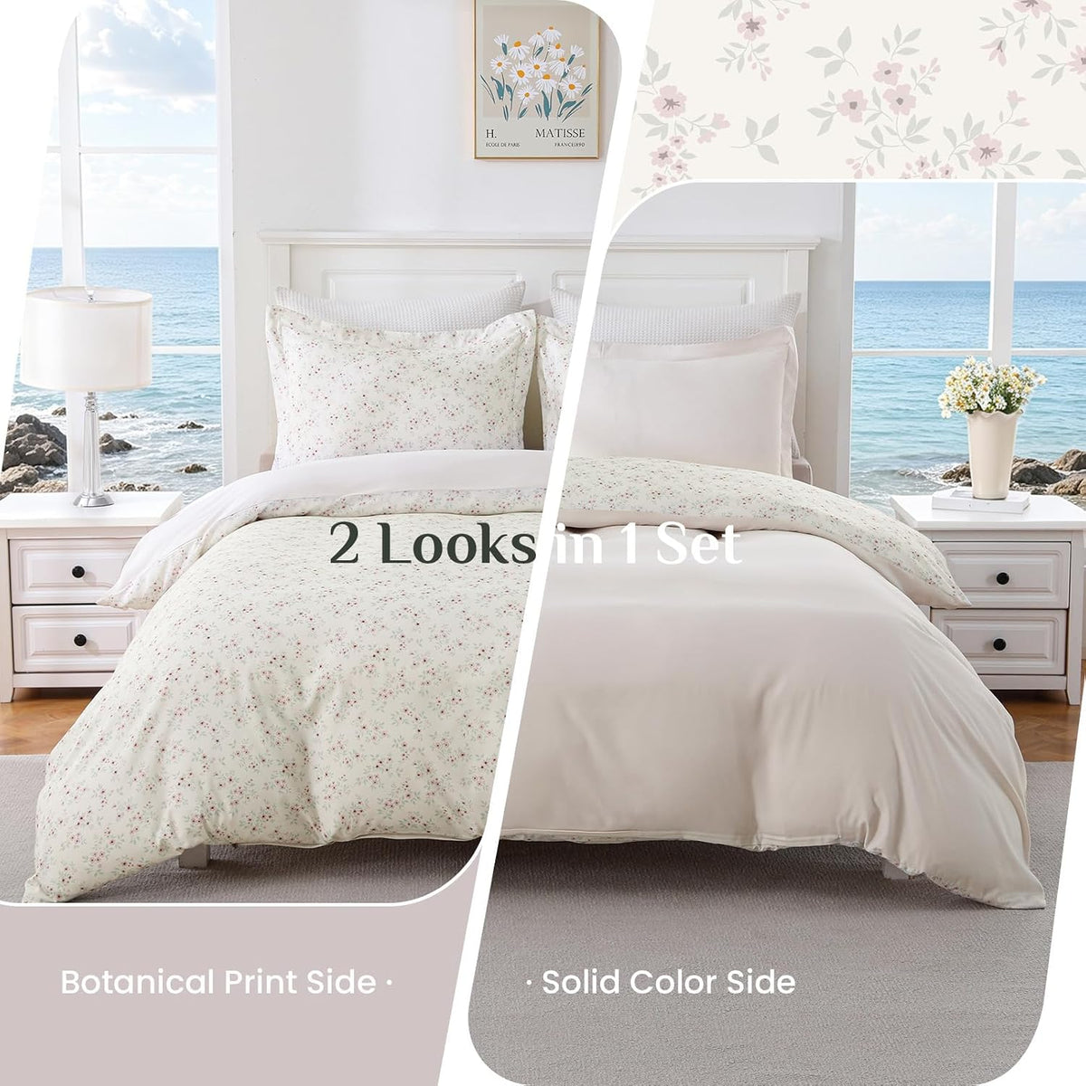 JOLLYVOGUE Floral Duvet Cover Full, 3Pcs Reversible Beige Duvet Cover Set