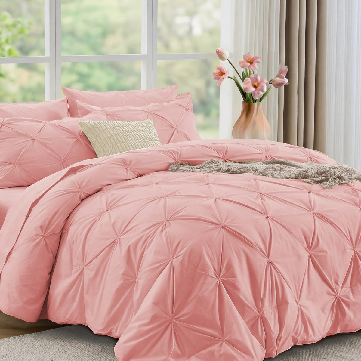 JOLLYVOGUE Twin Comforter Set 5 Pieces - Bed in a Bag Twin for All Season, Pintuck Bedding Comforter Sets with Comforter, Flat Sheet, Fitted Sheet and Pillowcases & Shams, Beige