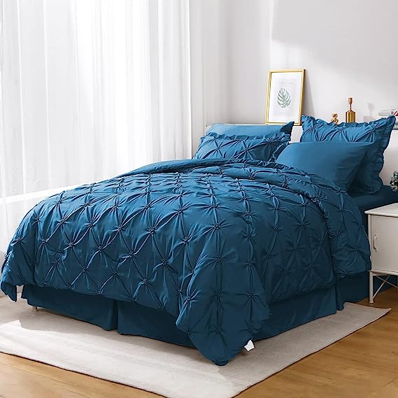 JOLLYVOGUE Comforter Set, Pintuck Teal Bed in a Bag Comforter Set for Bedroom, Bedding Comforter Sets with Comforter, Sheets, Bed Skirt, Ruffled Shams & Pillowcases