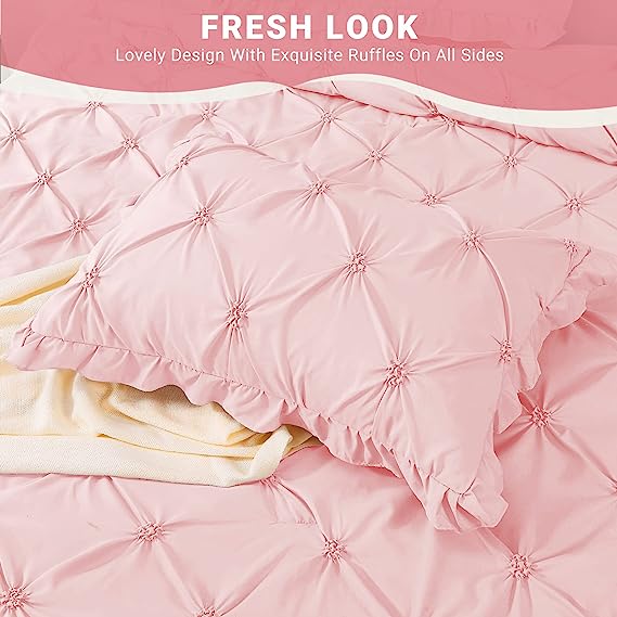 JOLLYVOGUE Comforter Set, Pintuck Pink Bed in a Bag Comforter Set for Bedroom, Bedding Comforter Sets with Comforter, Sheets, Bed Skirt, Ruffled Shams & Pillowcases