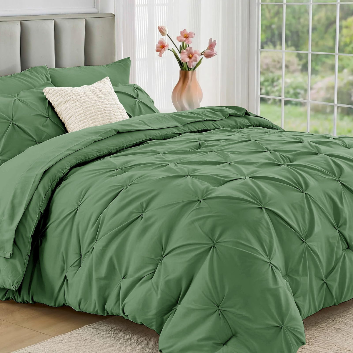 JOLLYVOGUE Twin Comforter Set 5 Pieces - Bed in a Bag Twin for All Season, Pintuck Bedding Comforter Sets with Comforter, Flat Sheet, Fitted Sheet and Pillowcases & Shams, Beige