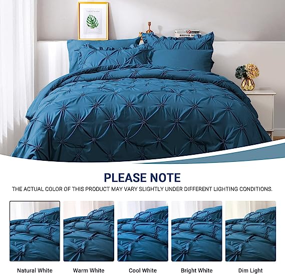 JOLLYVOGUE Comforter Set, Pintuck Teal Bed in a Bag Comforter Set for Bedroom, Bedding Comforter Sets with Comforter, Sheets, Bed Skirt, Ruffled Shams & Pillowcases