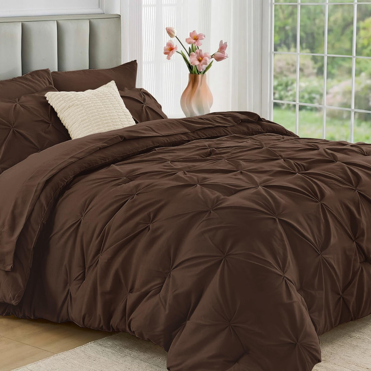 JOLLYVOGUE Twin Comforter Set 5 Pieces - Bed in a Bag Twin for All Season, Pintuck Bedding Comforter Sets with Comforter, Flat Sheet, Fitted Sheet and Pillowcases & Shams, Beige