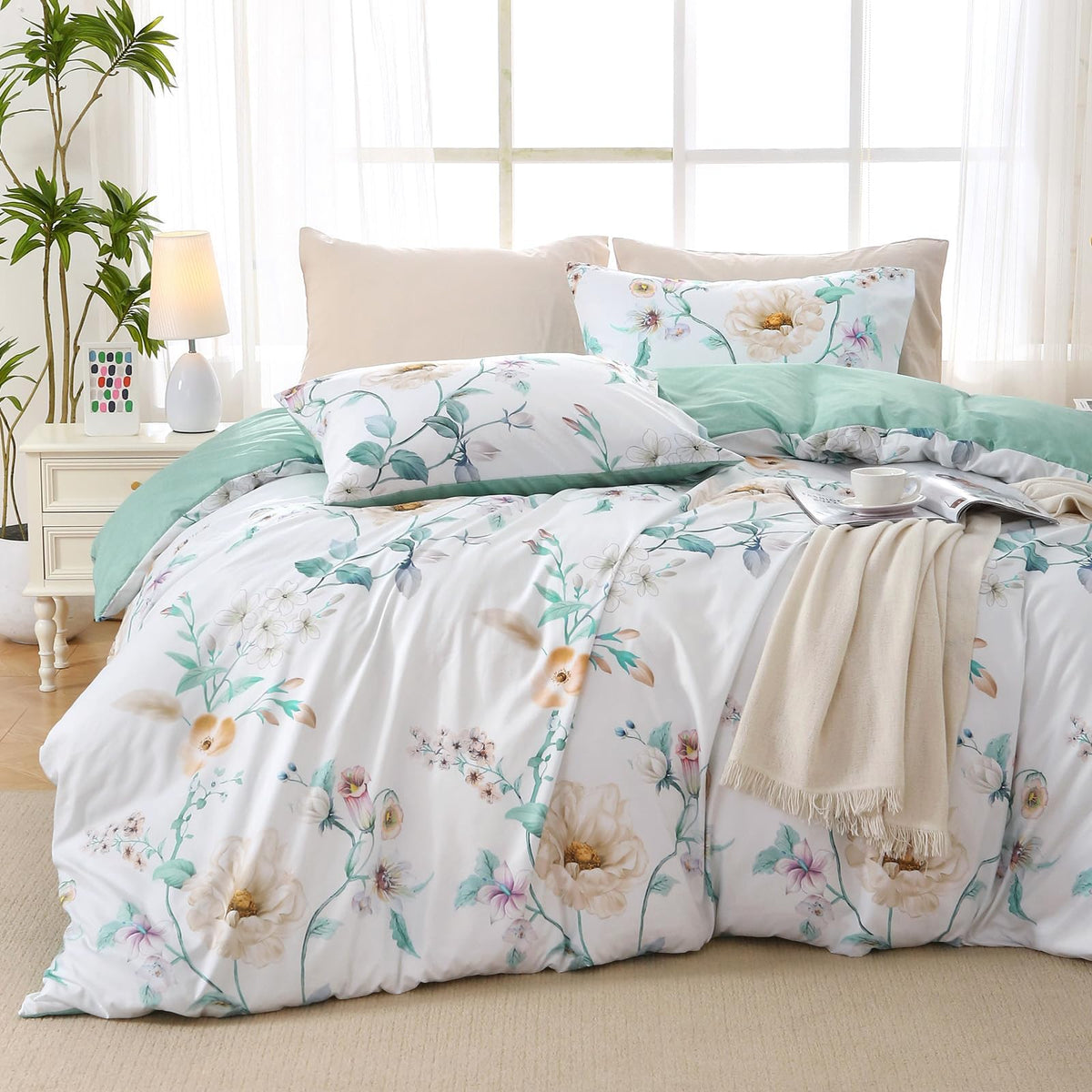 MUXHOMO Duvet Cover Twin/Twin XL Size, 2-Piece Beige Leaves Bedding Set