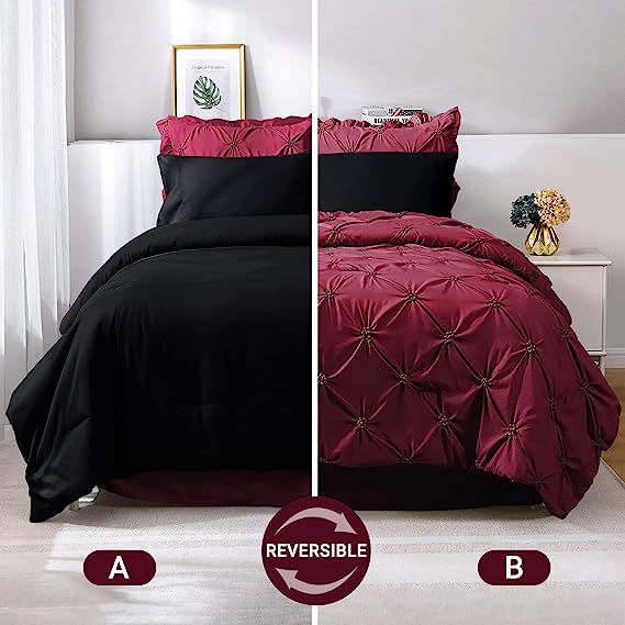 JOLLYVOGUE Comforter Set, Pintuck Dark Red/Black Bed in a Bag Comforter Set for Bedroom, Bedding Comforter Sets with Comforter, Sheets, Bed Skirt, Ruffled Shams & Pillowcases