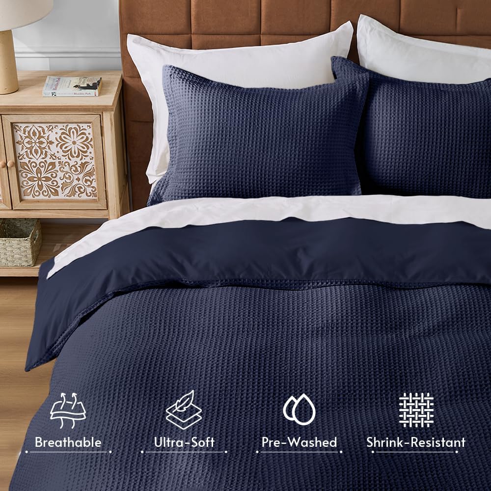 JOLLYVOGUE Waffle Wave Duvet Cover Set Queen Size, 3-Piece, Navy