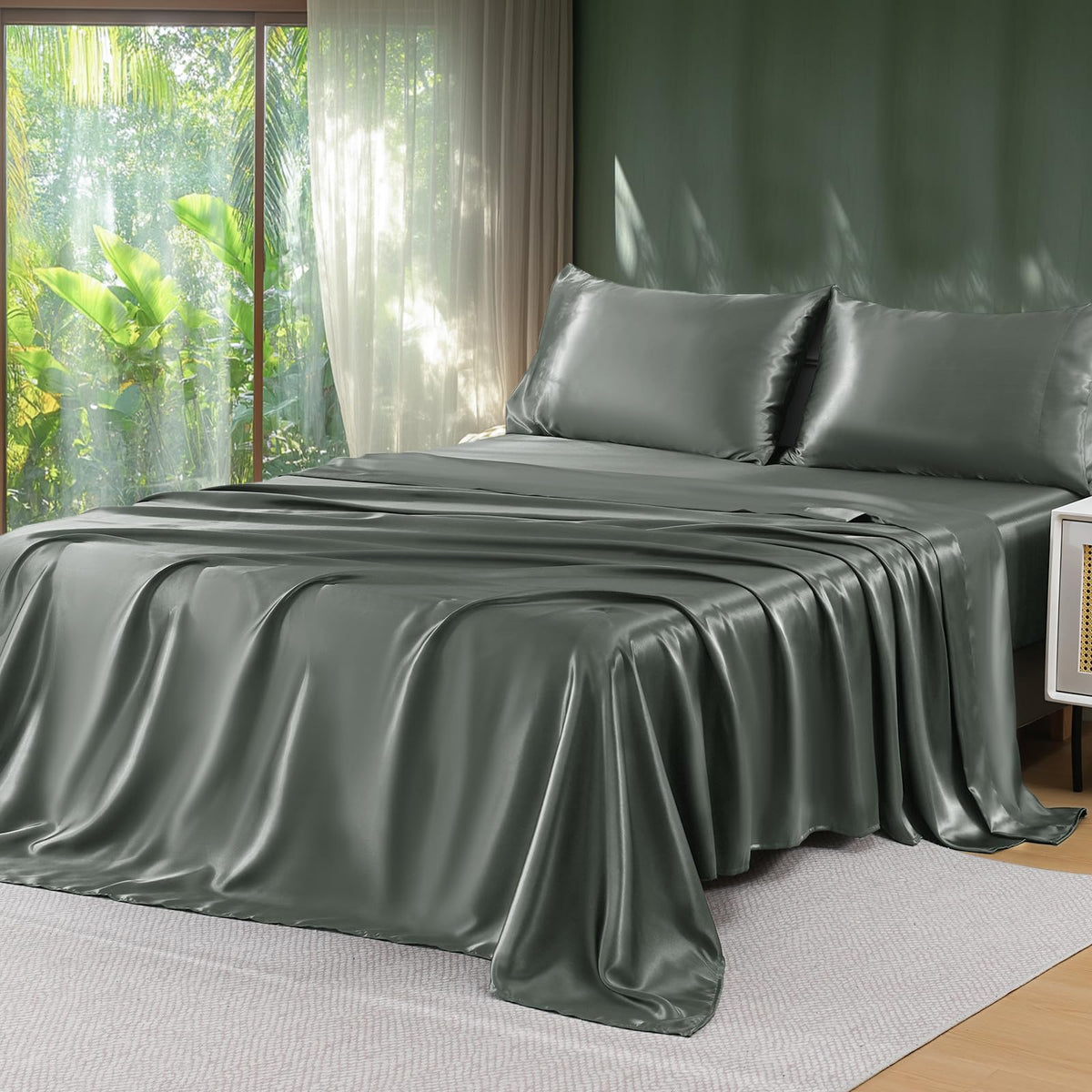 Sasttie Satin Sheets Black Queen Size - 4 Pieces Luxury Soft Black Silky Bed Sheets Set with Pillowcases - Smooth Silk-Like Satin Fwabric, Reinforced 14 Inches Pocket, Oeko-Tex Certified