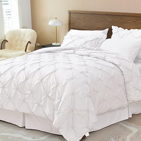 JOLLYVOGUE Comforter Set, Pintuck White Bed in a Bag Comforter Set for Bedroom, Bedding Comforter Sets with Comforter, Sheets, Bed Skirt, Ruffled Shams & Pillowcases