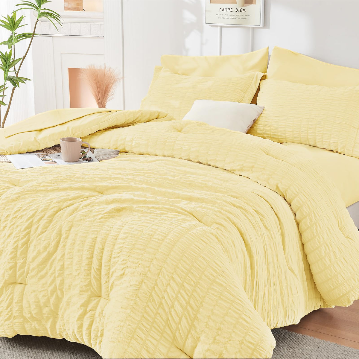 HYMOKEGE Full Size Comforter Sets Seersucker 7 Pieces, All Season Luxury Bed in a Bag for Bedroom, Bedding Set with Comforters, Sheets, Pillowcases & Shams, Dark Grey