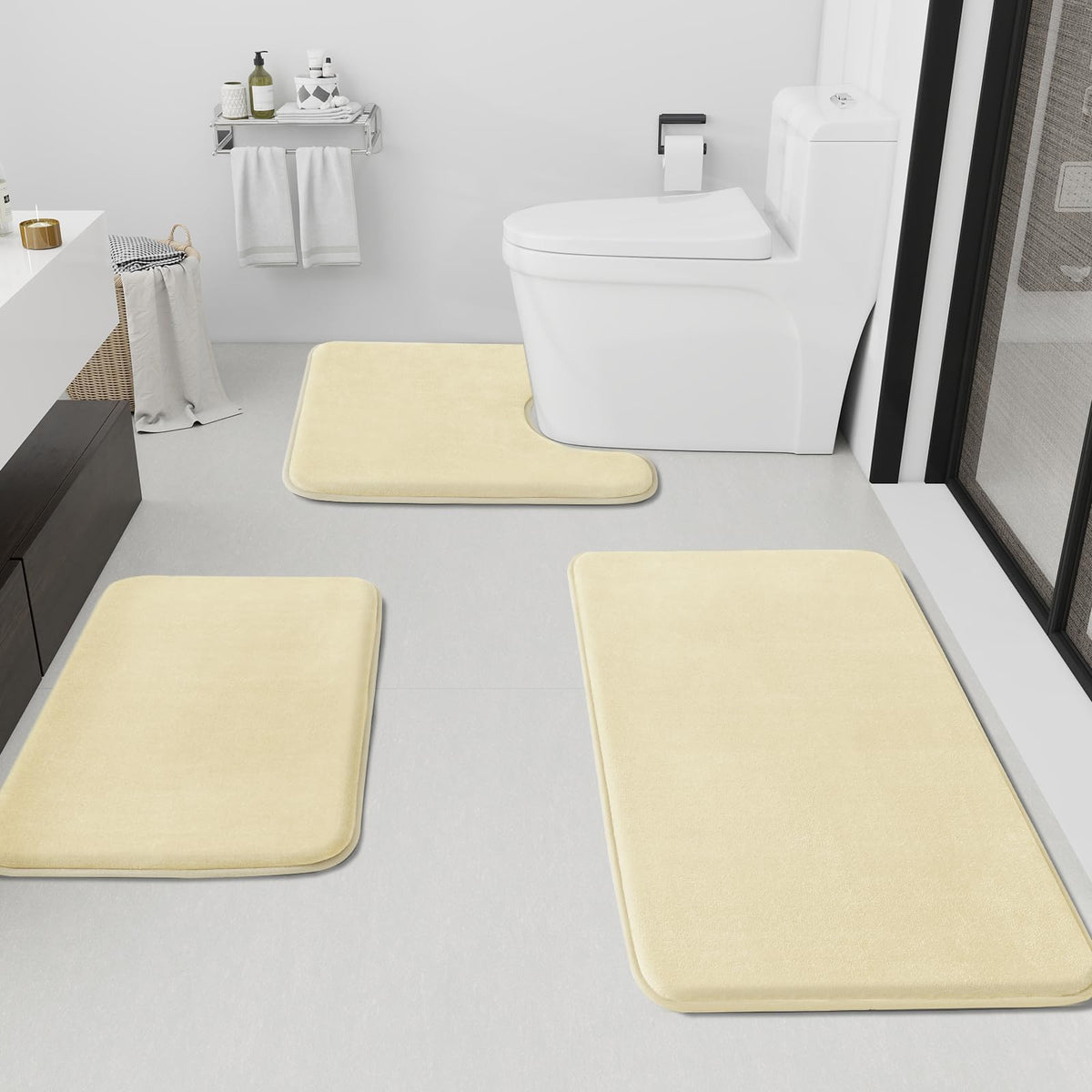 HUXMEYSON Bathroom Rugs Sets 3 Piece, Non-Slip & Quick Dry Bath Mat Set, Ultra Soft Velvet Bath Rugs for Bathroom, Toilet and Shower Floor, Grey